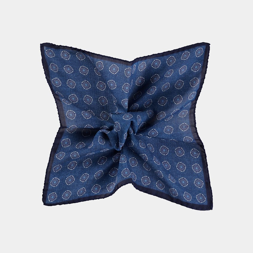 SUITSUPPLY Wool Silk by Silk Pro, Italy Navy Graphic Pocket Square