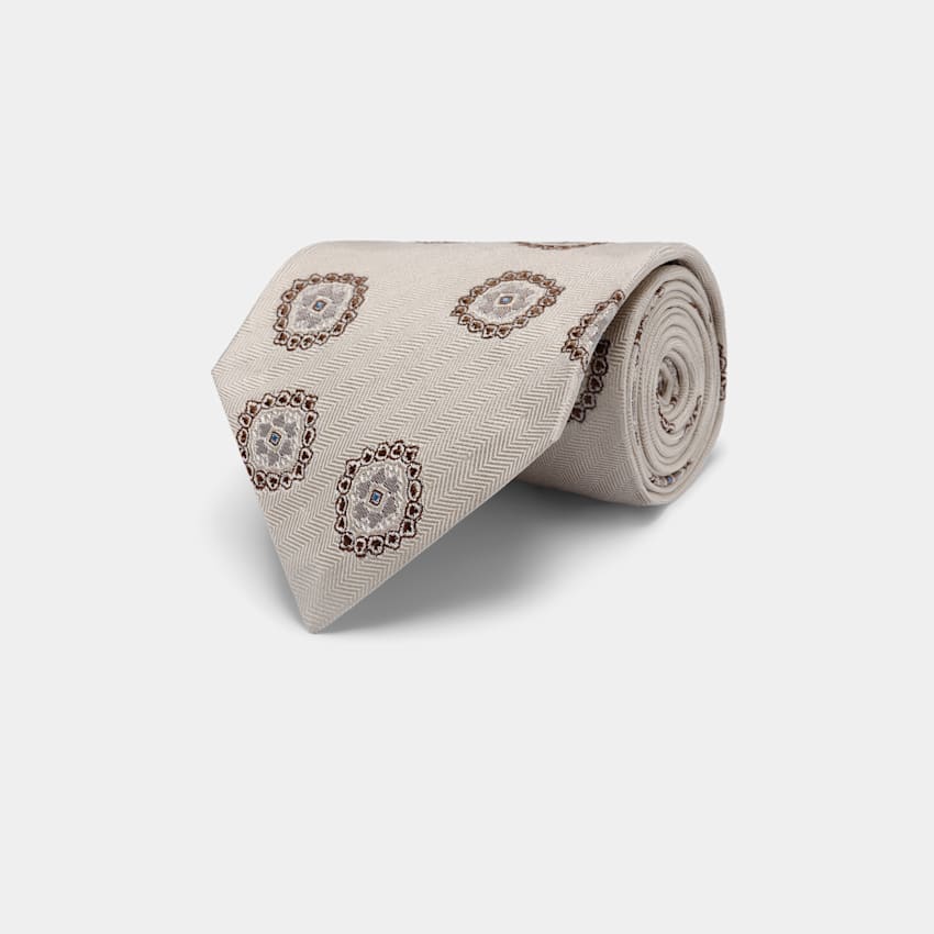 SUITSUPPLY Reine Seide von Fermo Fossati, Italien Krawatte Off-White Grafikmuster