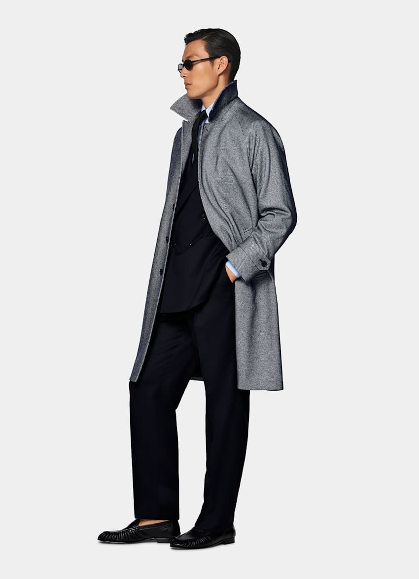 Navy Herringbone Relaxed Raglan Overcoat