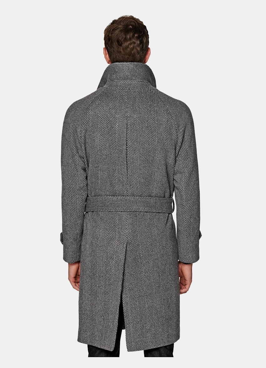 Dark Grey Herringbone Belted Overcoat