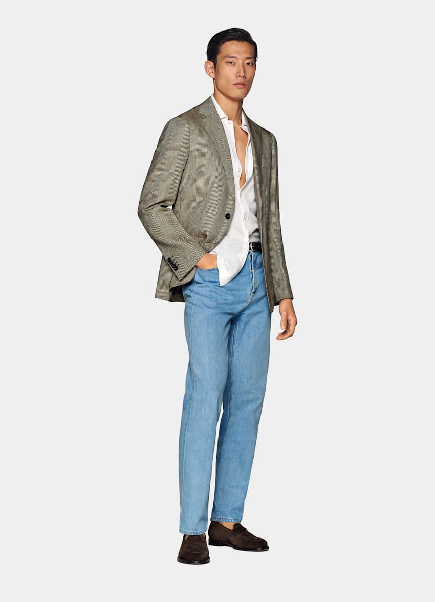 Mid Brown Checked Tailored Fit Havana Blazer