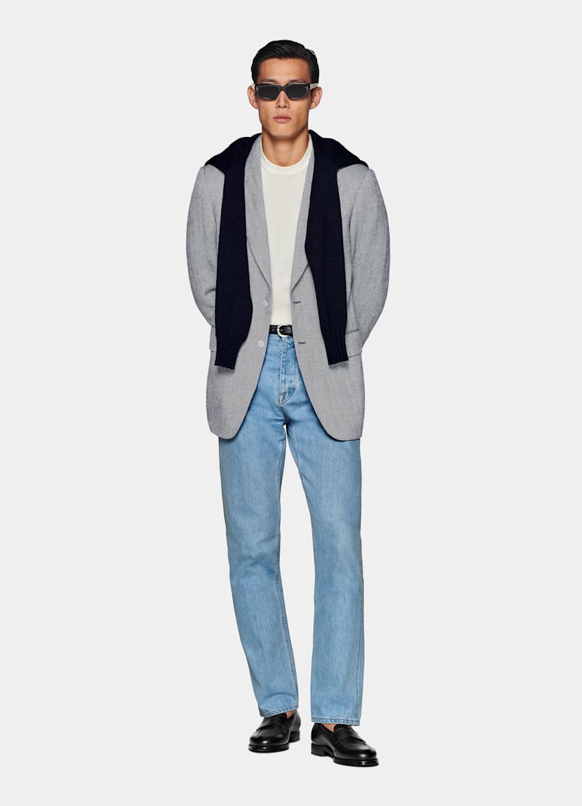 Navy Herringbone Tailored Fit Milano Blazer