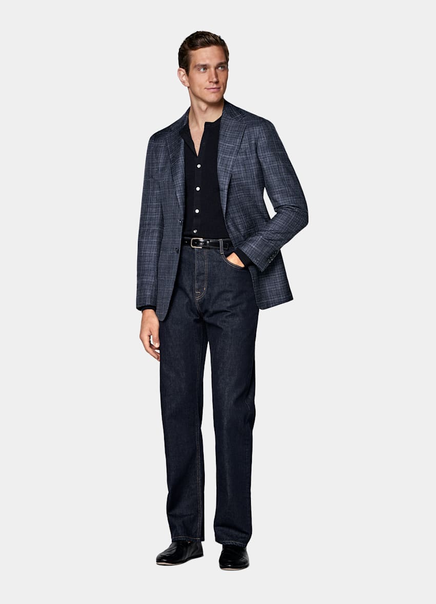 Navy Checked Tailored Fit Havana Blazer