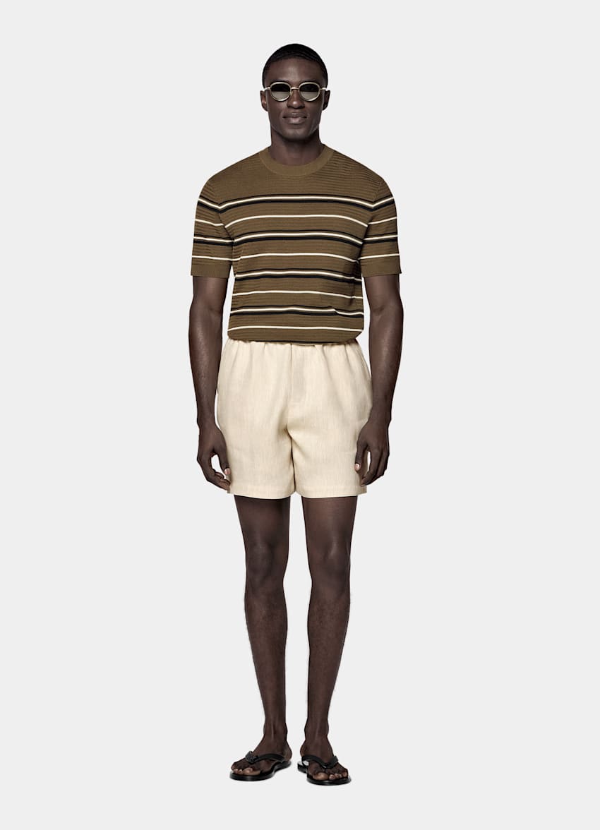 Dark Green Striped Jacquard Short Sleeve Crewneck