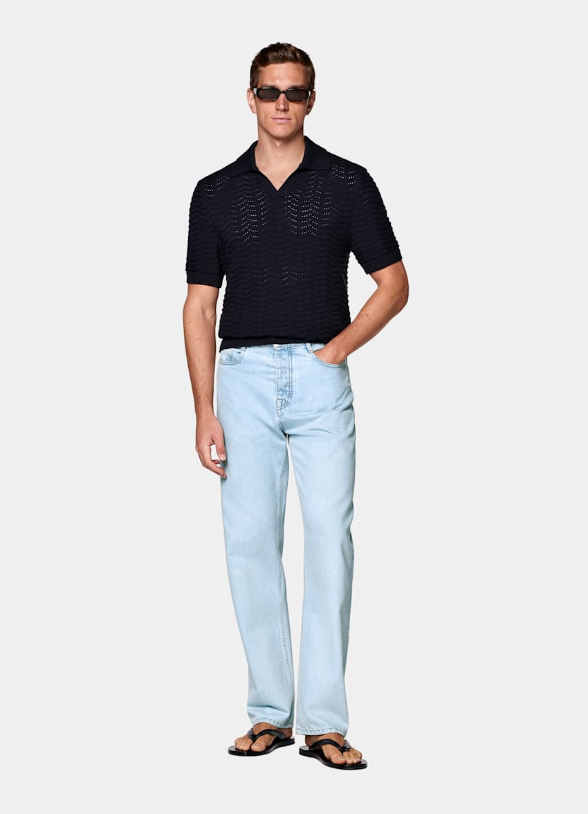 Navy Crochet Buttonless Polo