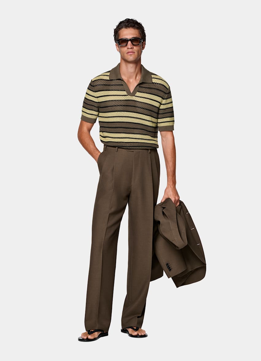 Mid Green Striped Crochet Buttonless Polo