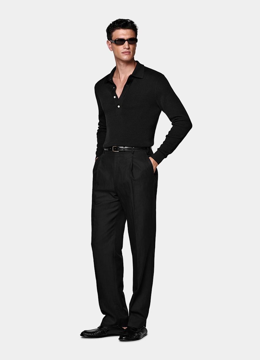 Black Ribbed Long Sleeve Polo