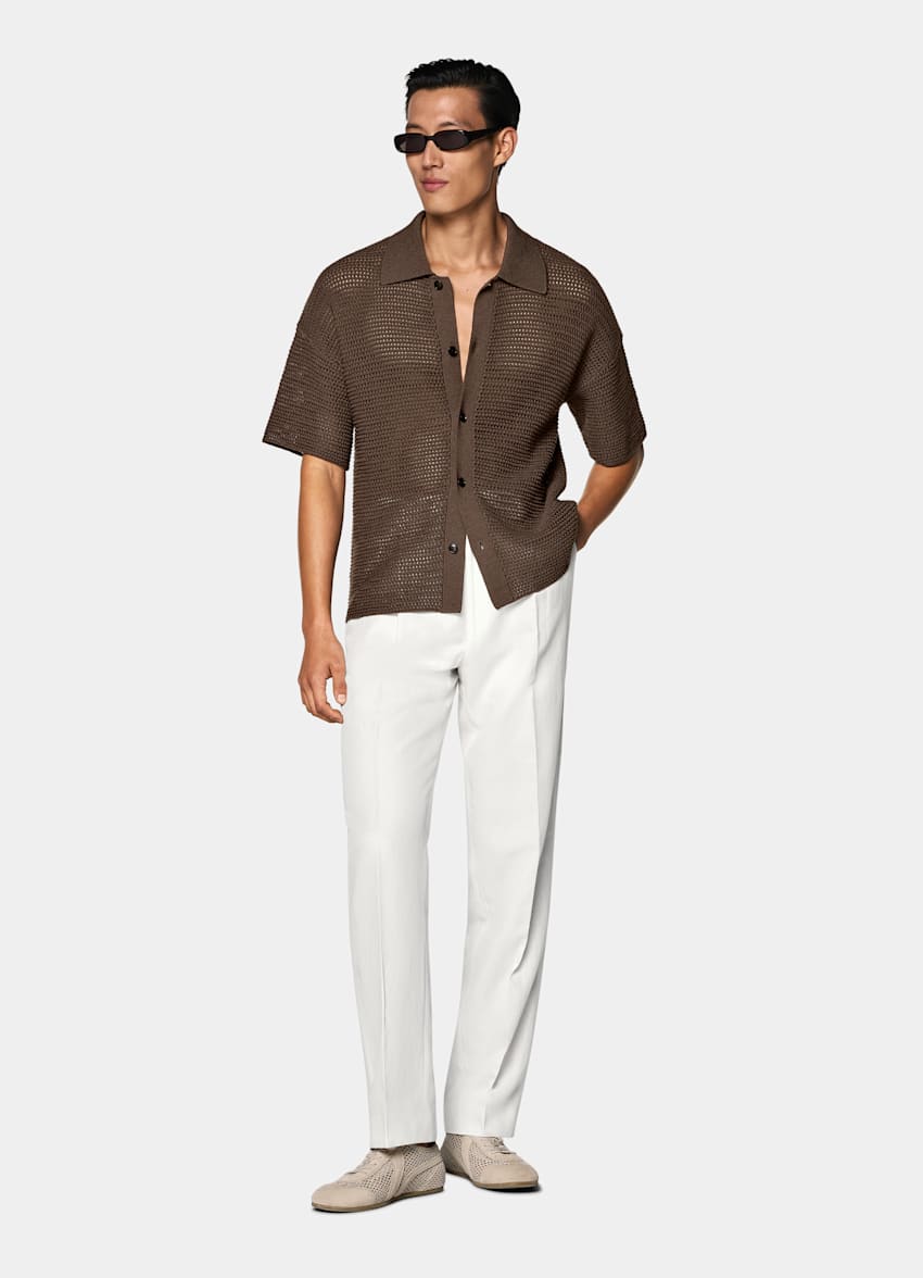 Mid Brown Crochet Polo Cardigan