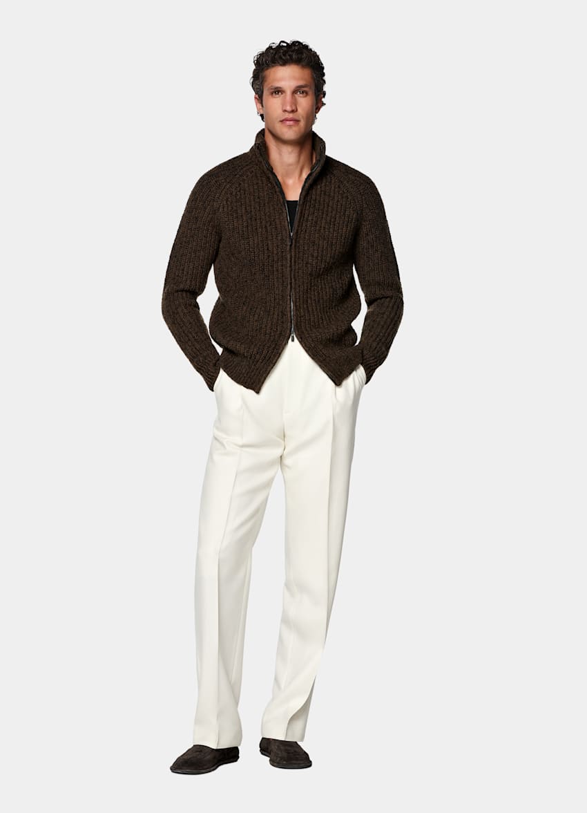 Mid Brown Ribbed Moulin&eacute; Zip Cardigan