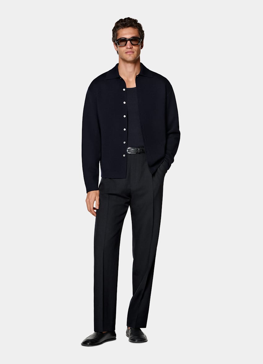 Cardigan col polo &agrave; manches longues bleu marine