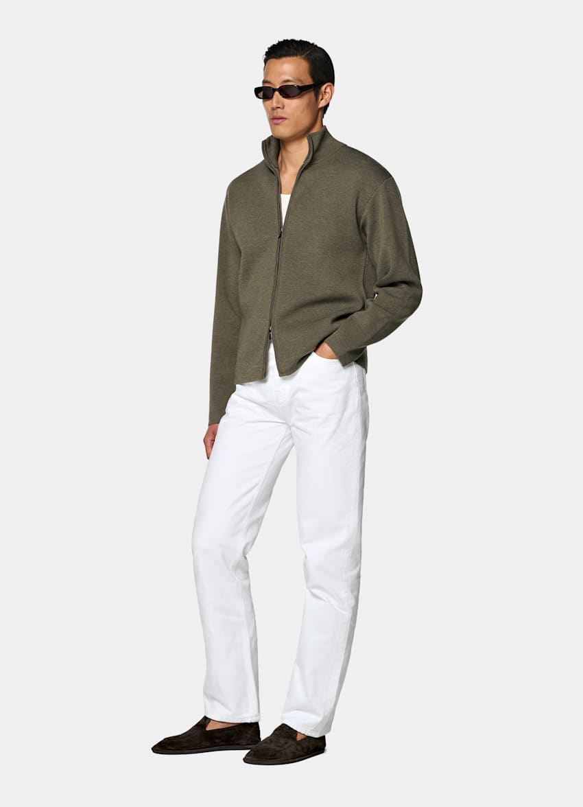 Mid Green Merino Zip Cardigan