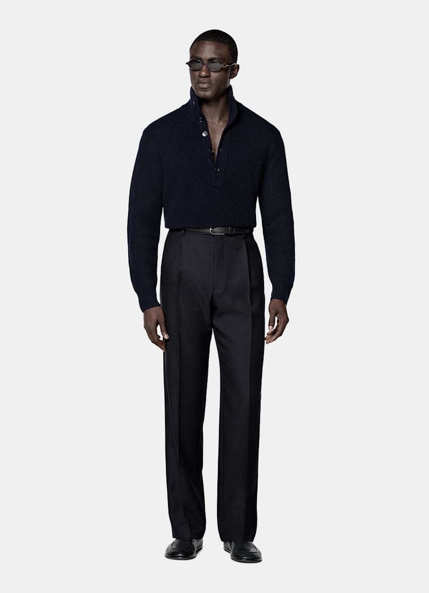 Navy Ribbed Long Sleeve Funnel-Neck