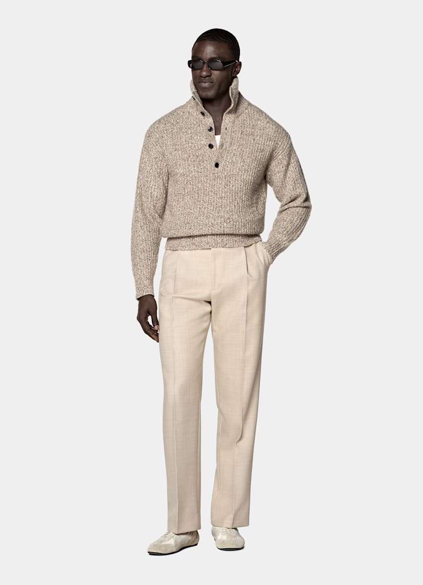 Light Brown Ribbed Moulin&eacute; Long Sleeve Funnel-Neck