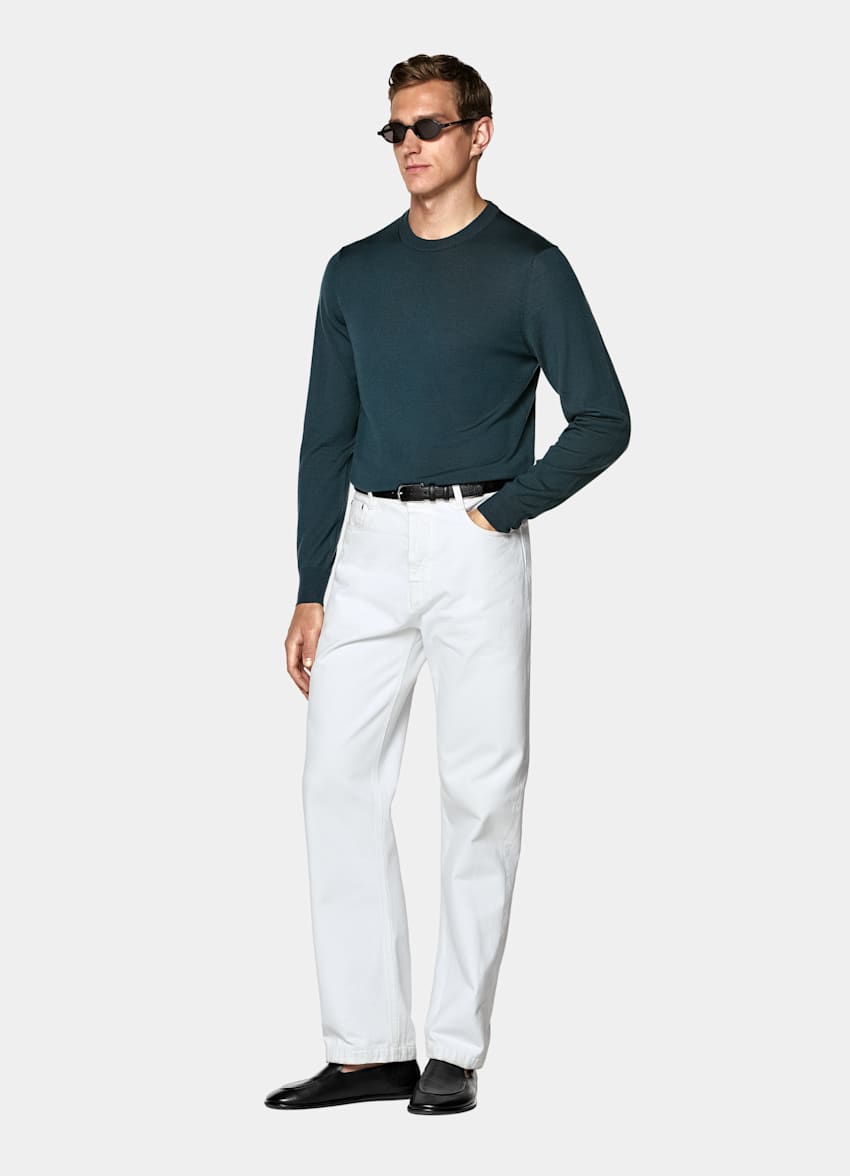 Pull col rond Merino bleu moyen