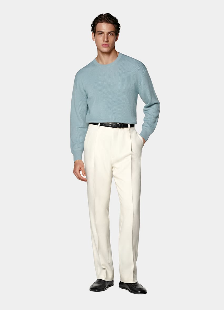 Girocollo merino azzurro a costine