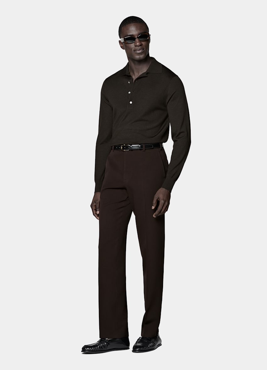 Dark Brown Merino Long Sleeve Polo