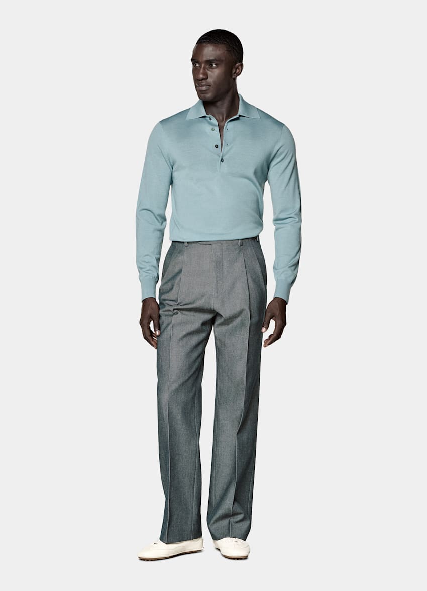 Light Blue Merino Long Sleeve Polo