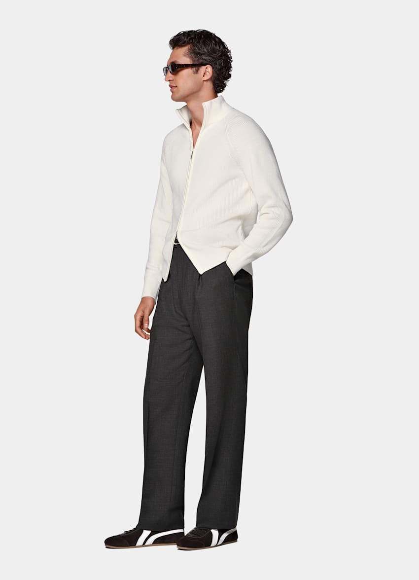 Off-White Ribbed Zip Cardigan