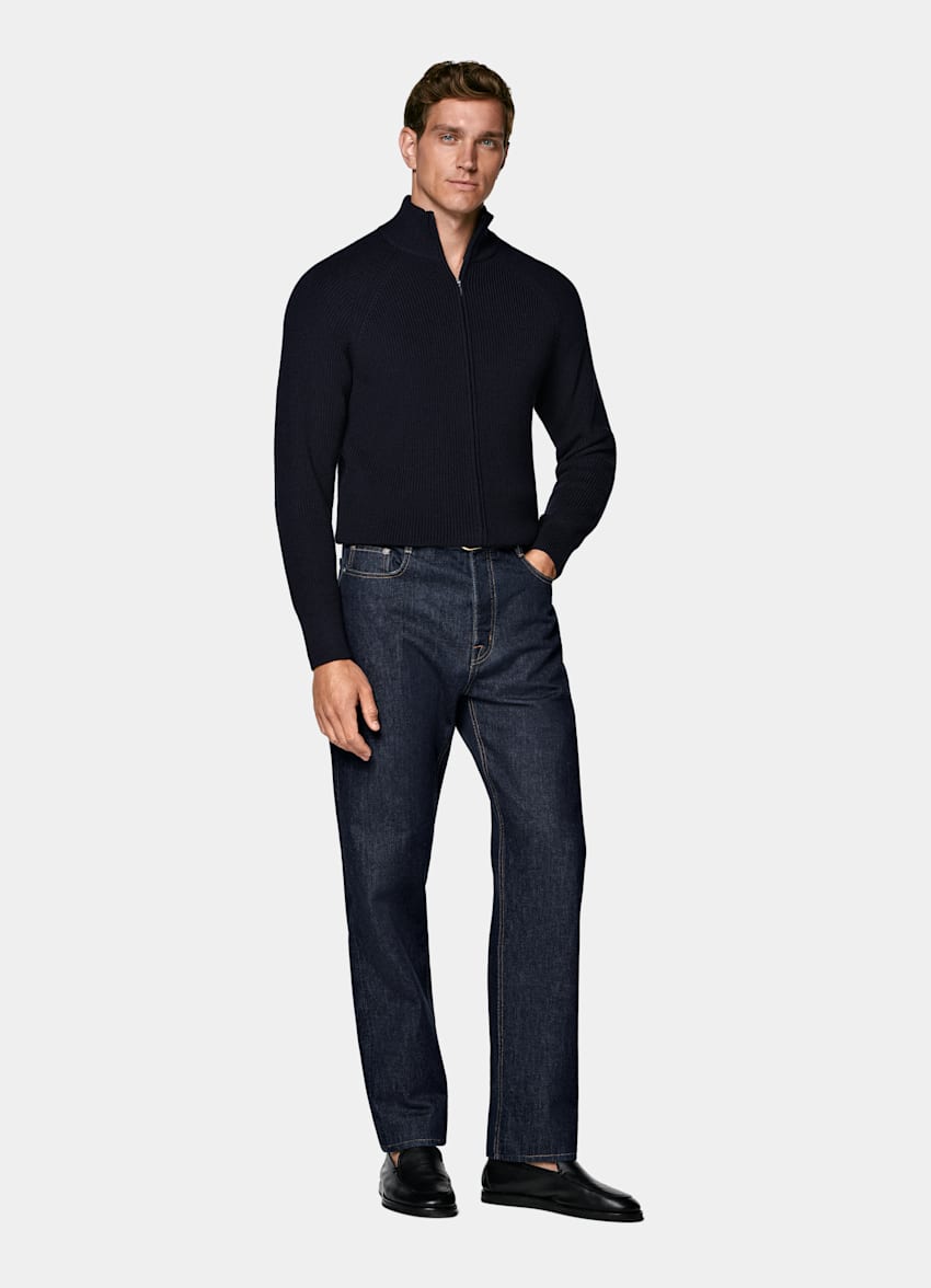 Navy Ribbed Zip Cardigan