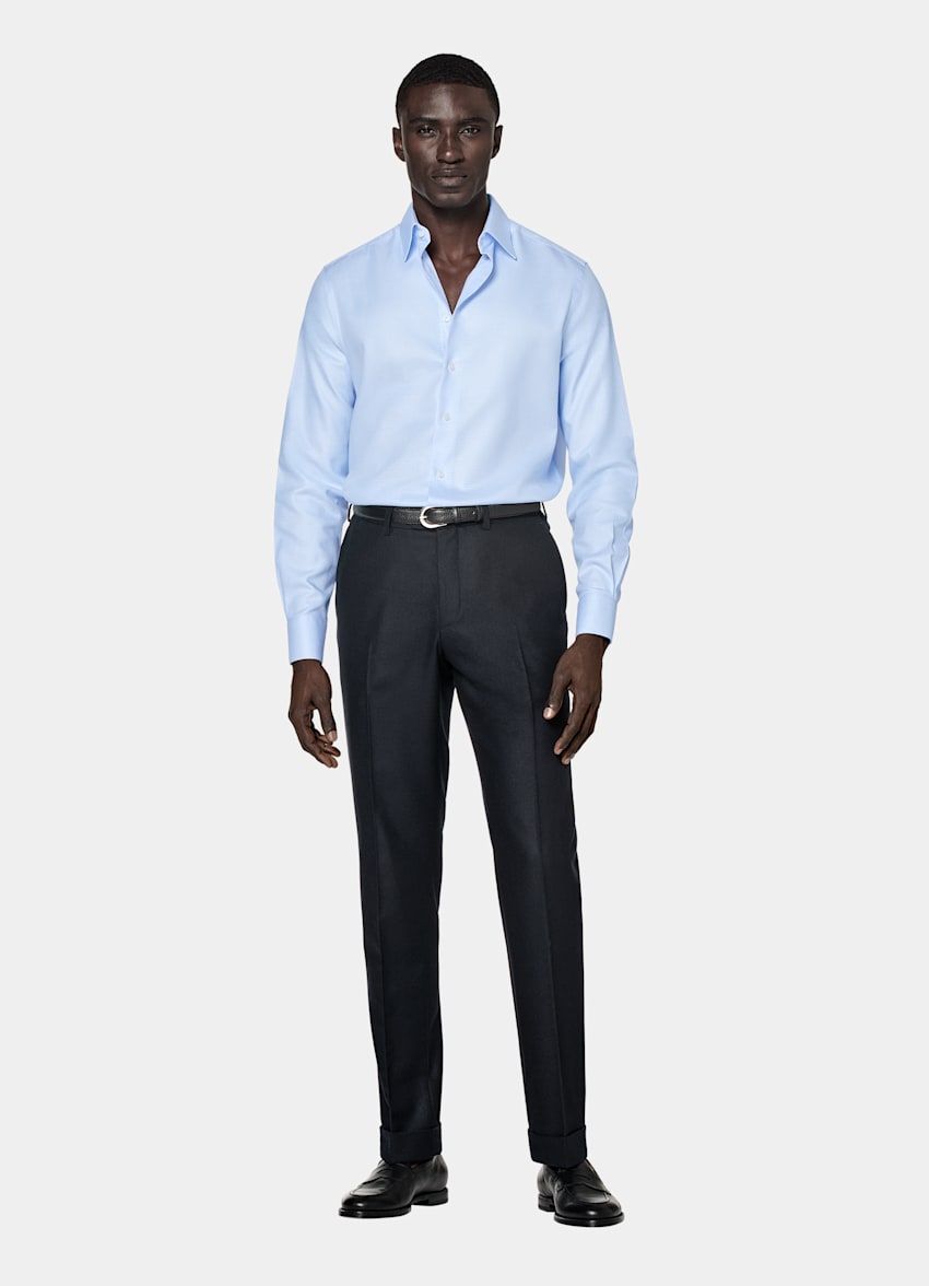 Light Blue Houndstooth Twill Slim Fit Shirt