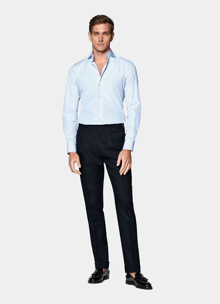 Camisa azul a rayas popelina corte Slim