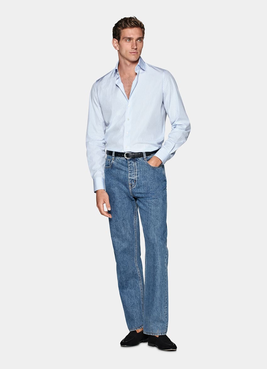 Light Blue Striped Poplin Slim Fit Shirt