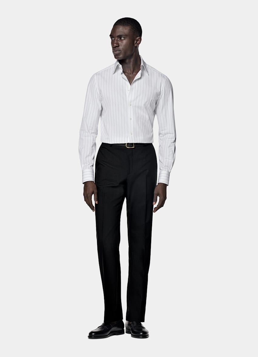 White Striped Point Collar Tailored Fit Shirt