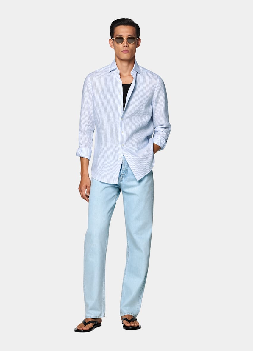 Mid Blue Striped Linen Shirt