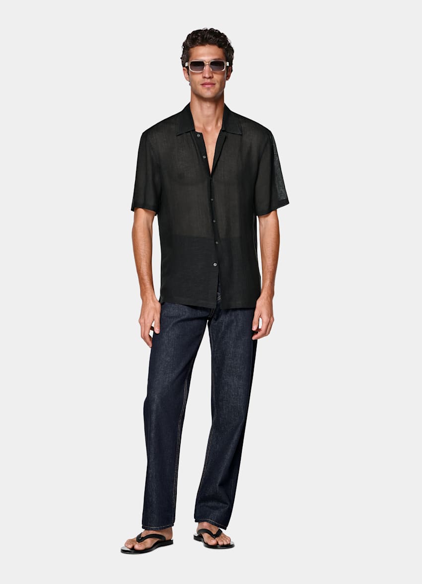 Black Viscose Linen Short Sleeve Shirt