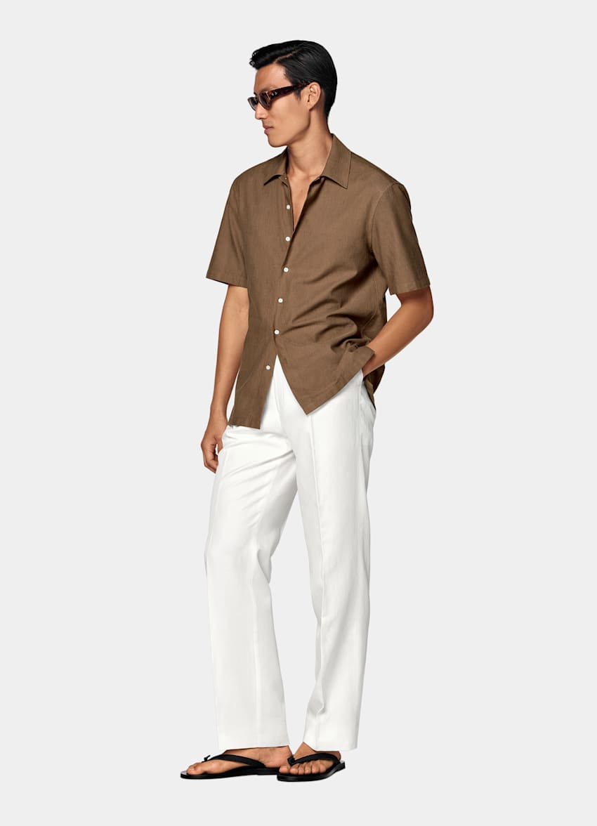 Mid Brown Cotton Short Sleeve Shirt