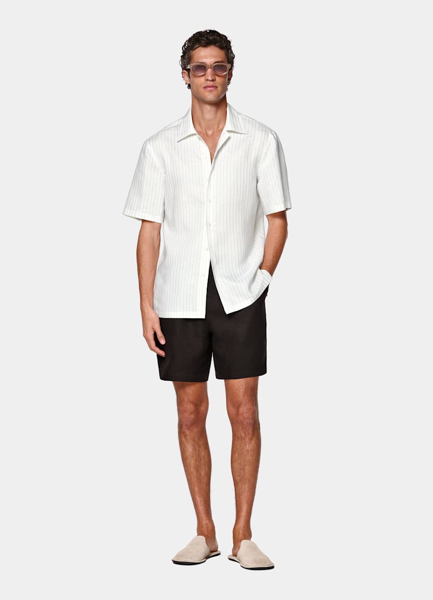 Light Grey Striped Linen Lyocell Short Sleeve Shirt