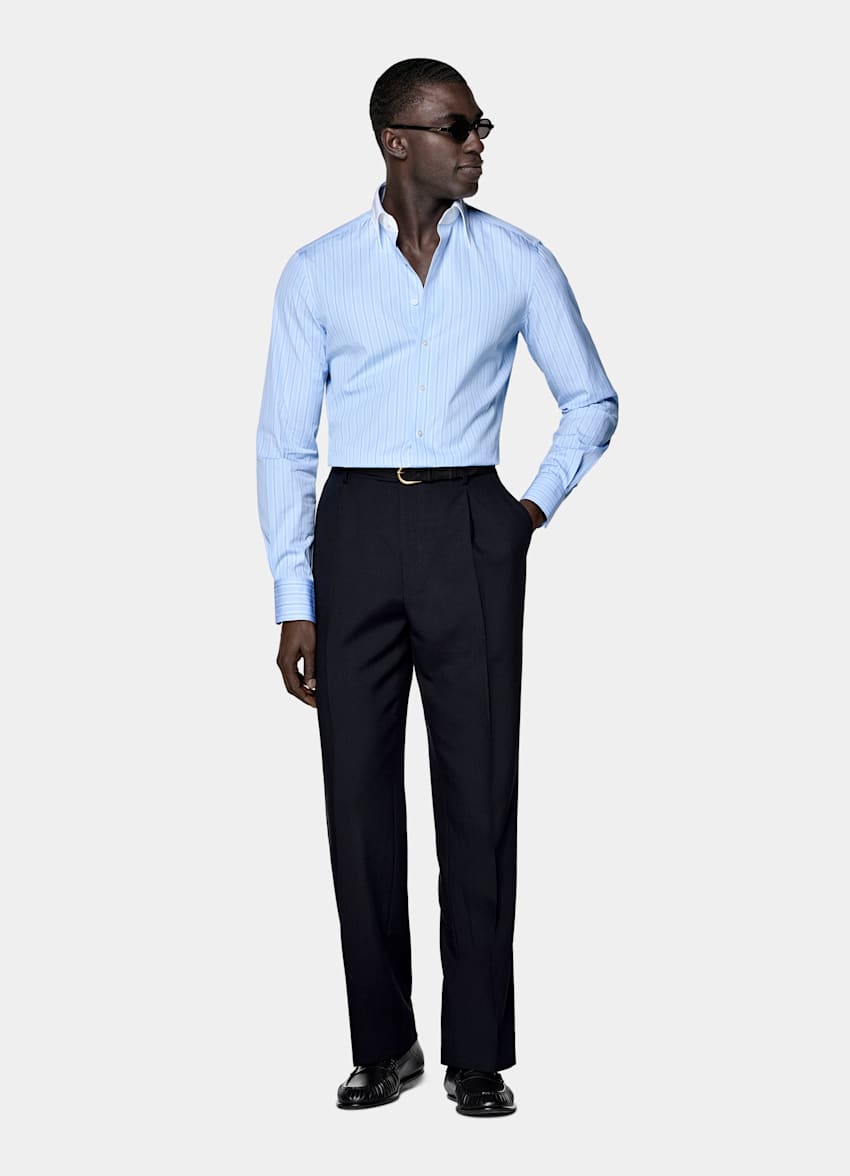 Light Blue Striped Point Collar Shirt