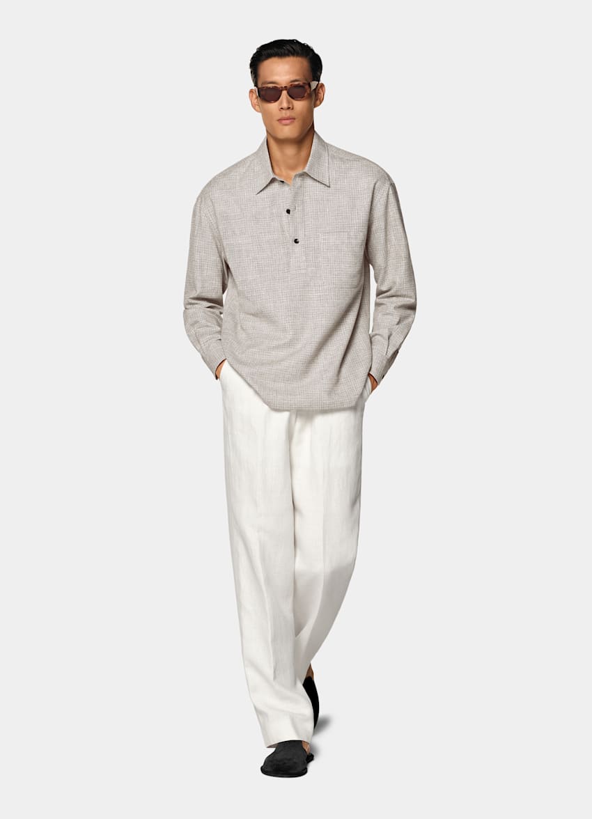 Mid Brown Checked Linen Cotton Blend Popover Shirt