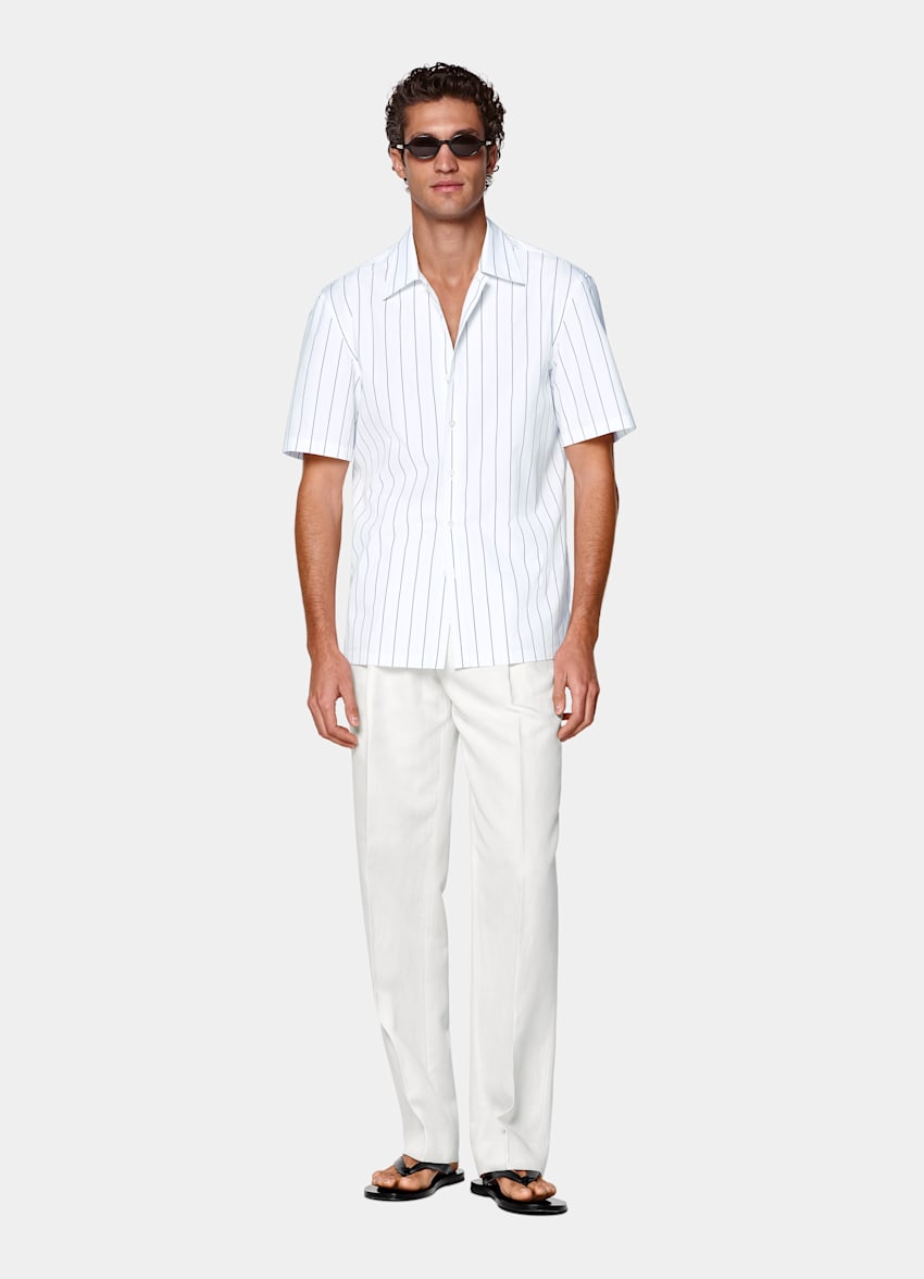 Mid Blue Striped Cotton Short Sleeve Shirt