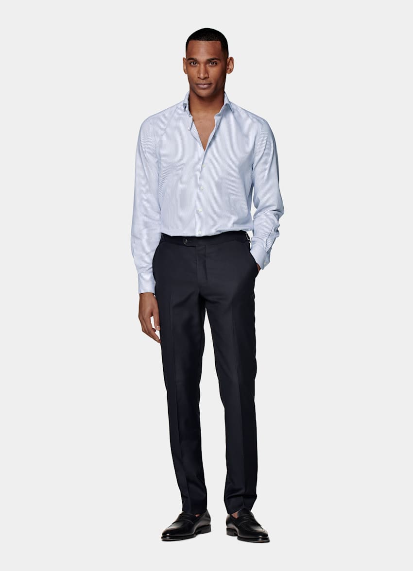 Navy Striped Royal Oxford Slim Fit Shirt