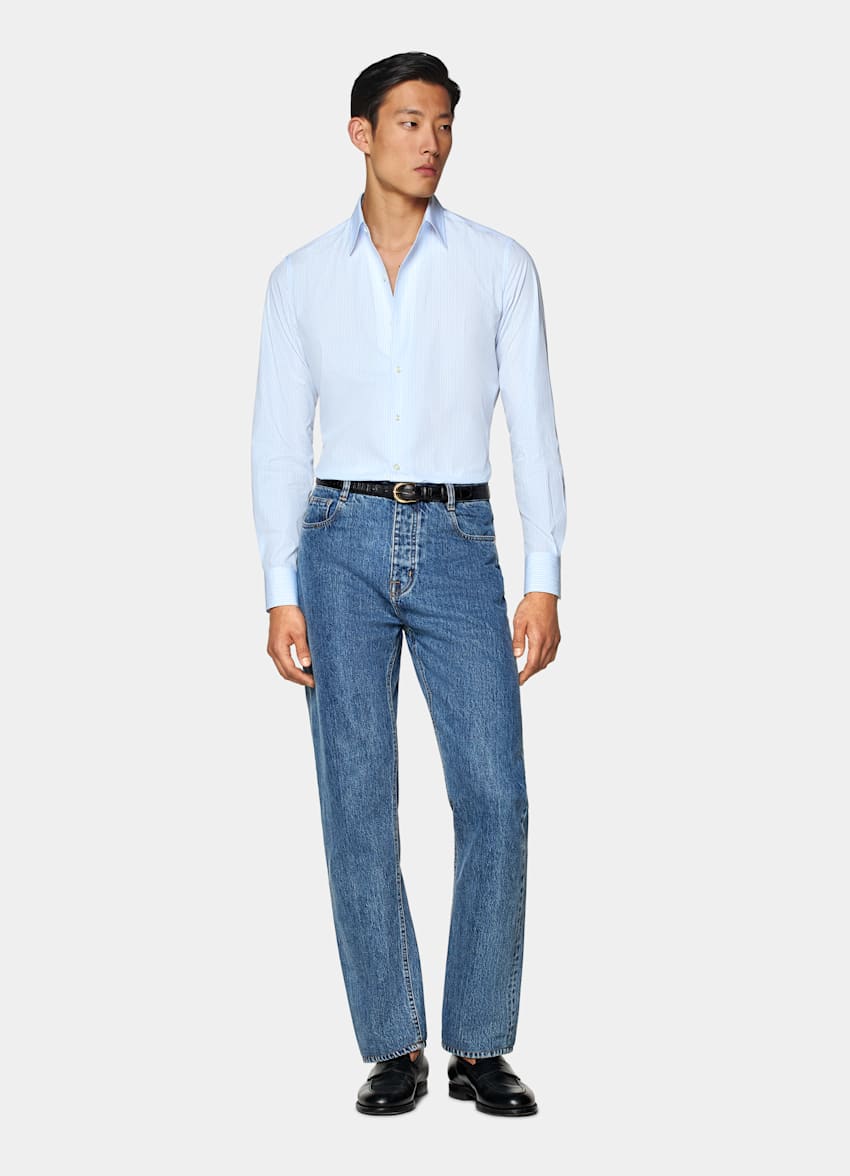 Light Blue Striped Classic Collar One Piece Tailored Fit Shirt