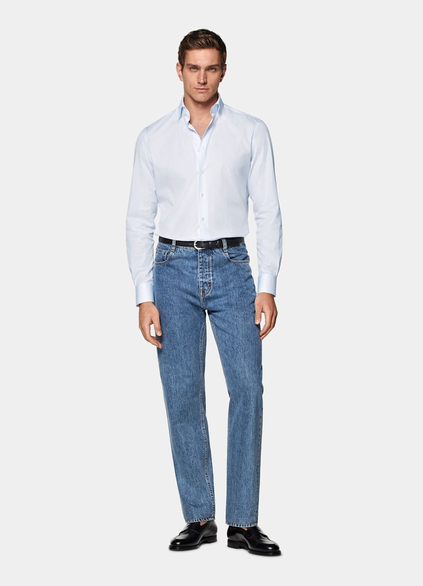 Light Blue Striped Poplin Tailored Fit Shirt