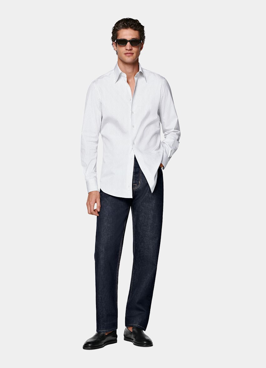 White Striped Point Collar Shirt