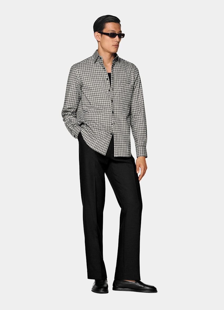 Black Checked Cotton Flannel Shirt