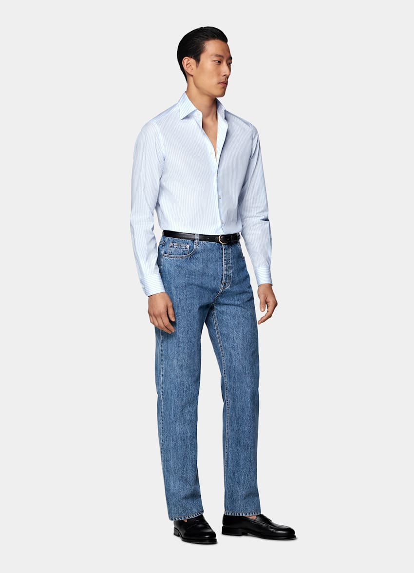 Light Blue Striped Widespread Collar Shirt