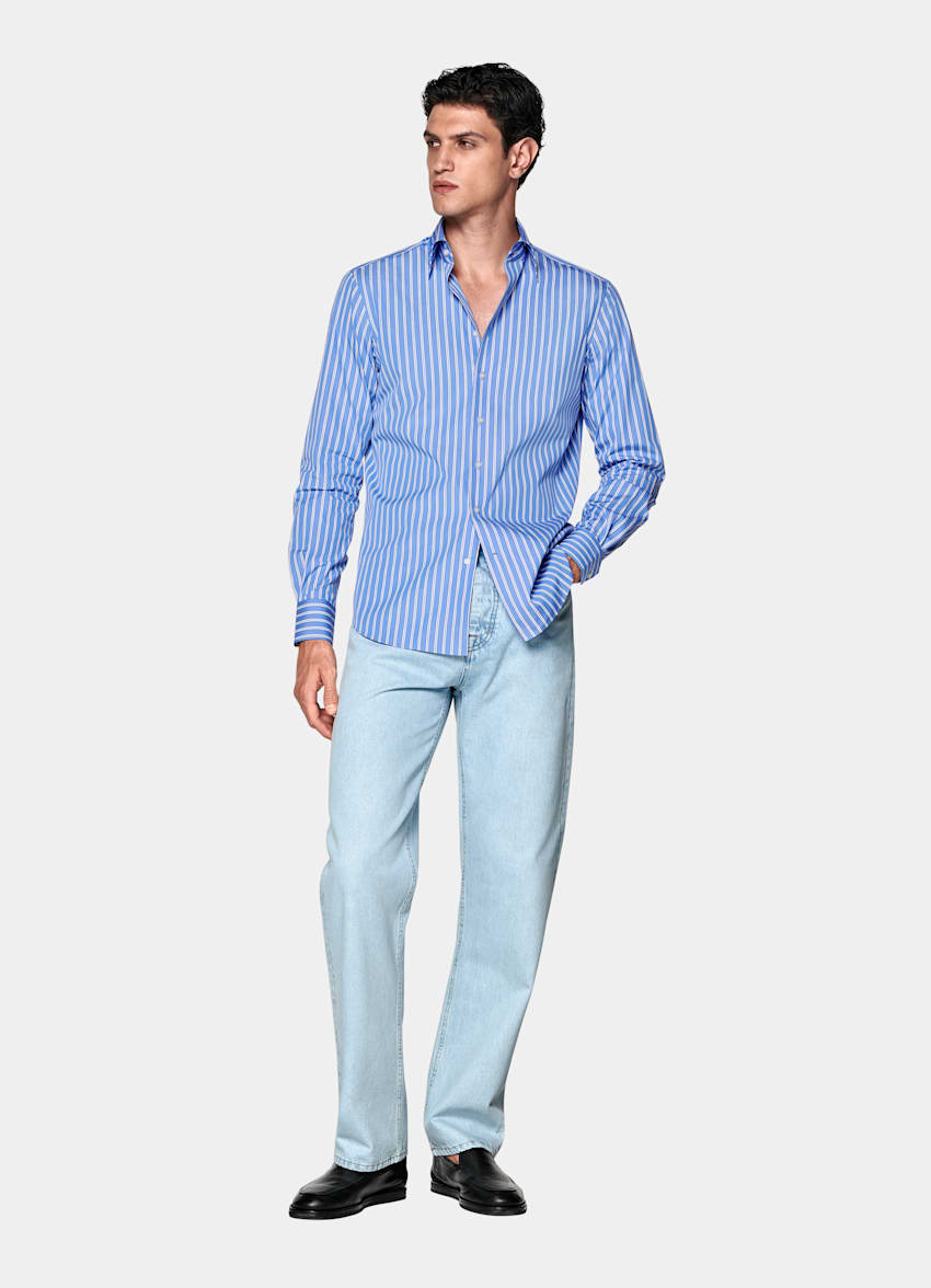 Blue Striped Point Collar Shirt