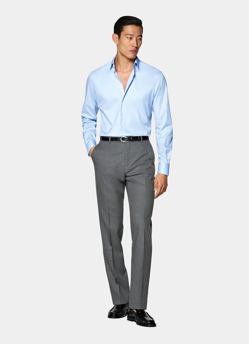 Mid Blue Striped Widespread Collar Shirt
