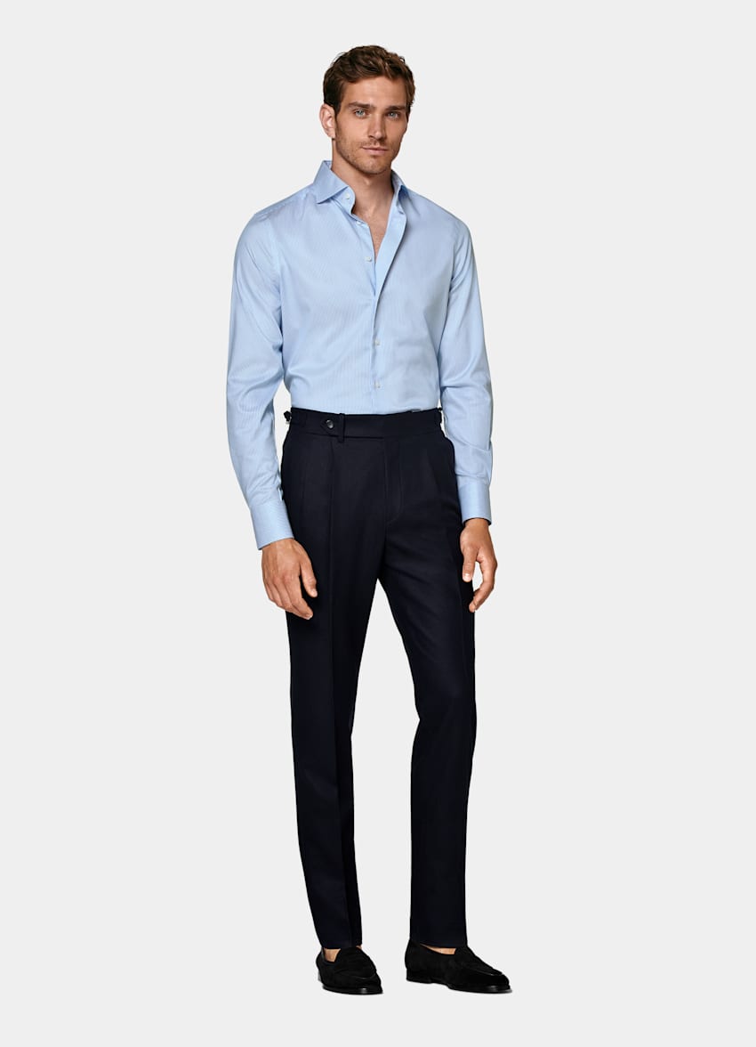 Mid Blue Striped Cutaway Collar Shirt