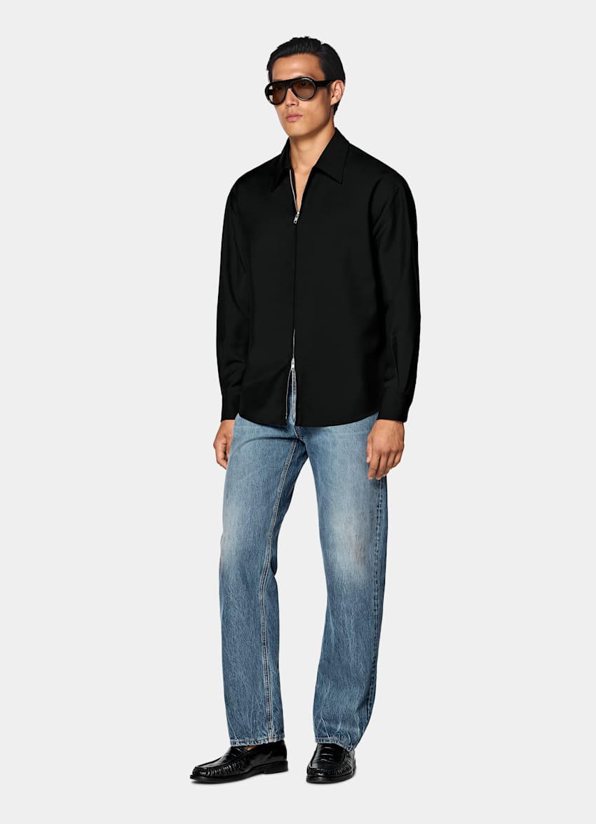 Black Wool Mohair Zip Overshirt