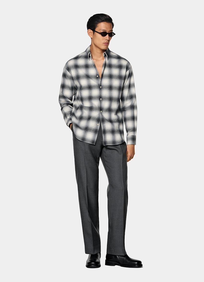 Dark Grey Checked Cotton Cashmere Shirt