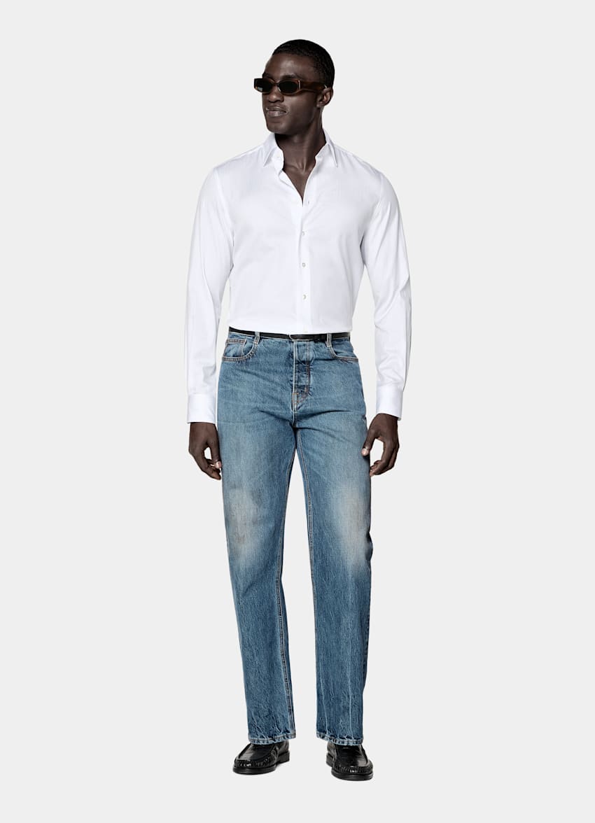 Mid Blue Striped Classic Collar Shirt
