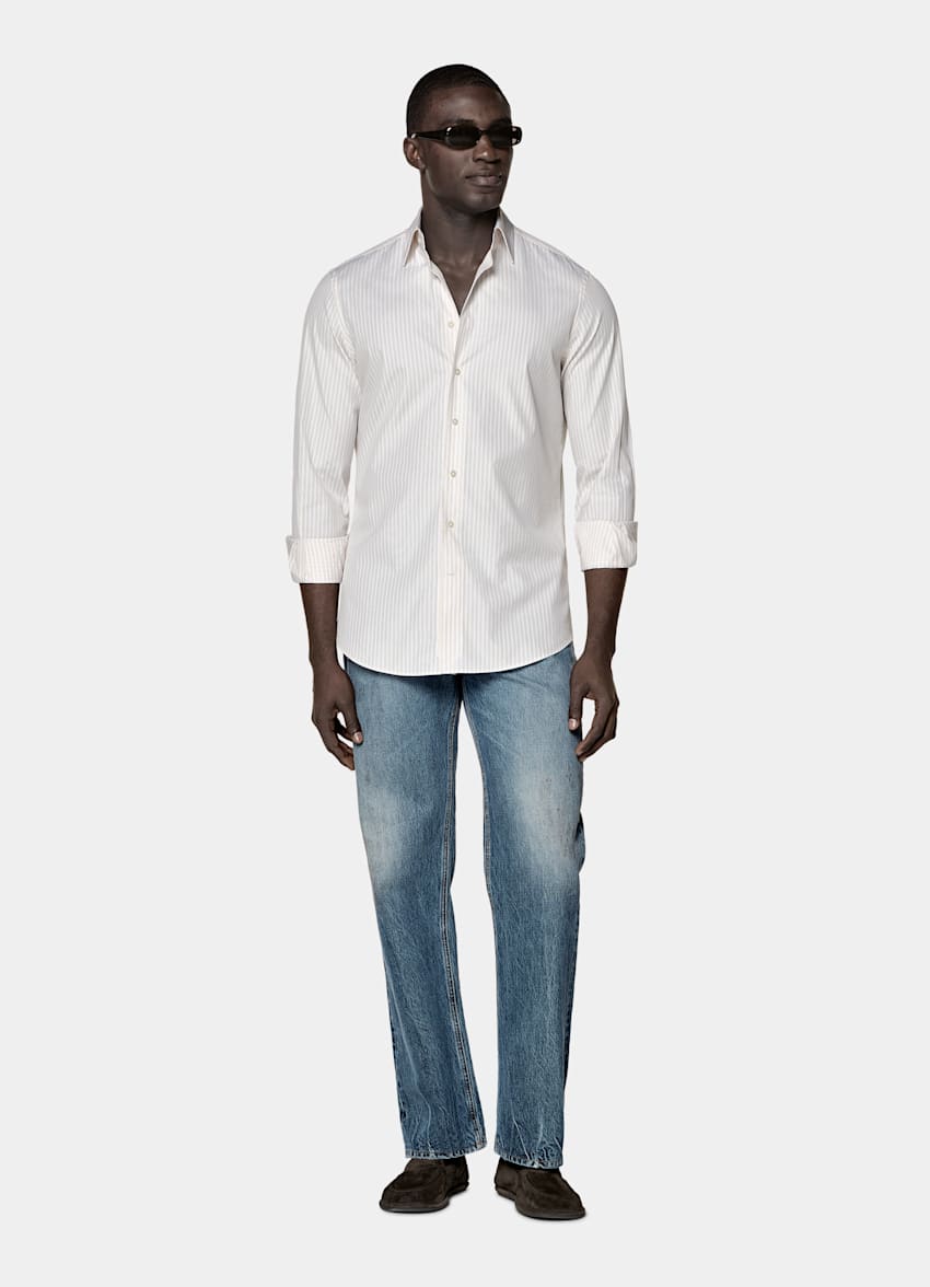 Light Brown Striped Classic Collar Shirt
