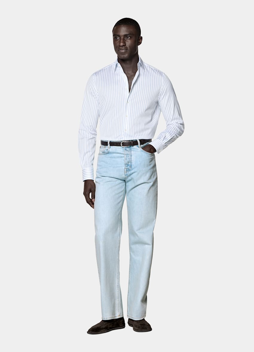 Mid Blue Striped Classic Collar Shirt