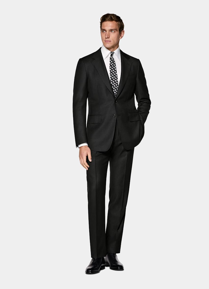 Dark Grey Striped Tailored Fit Milano Suit