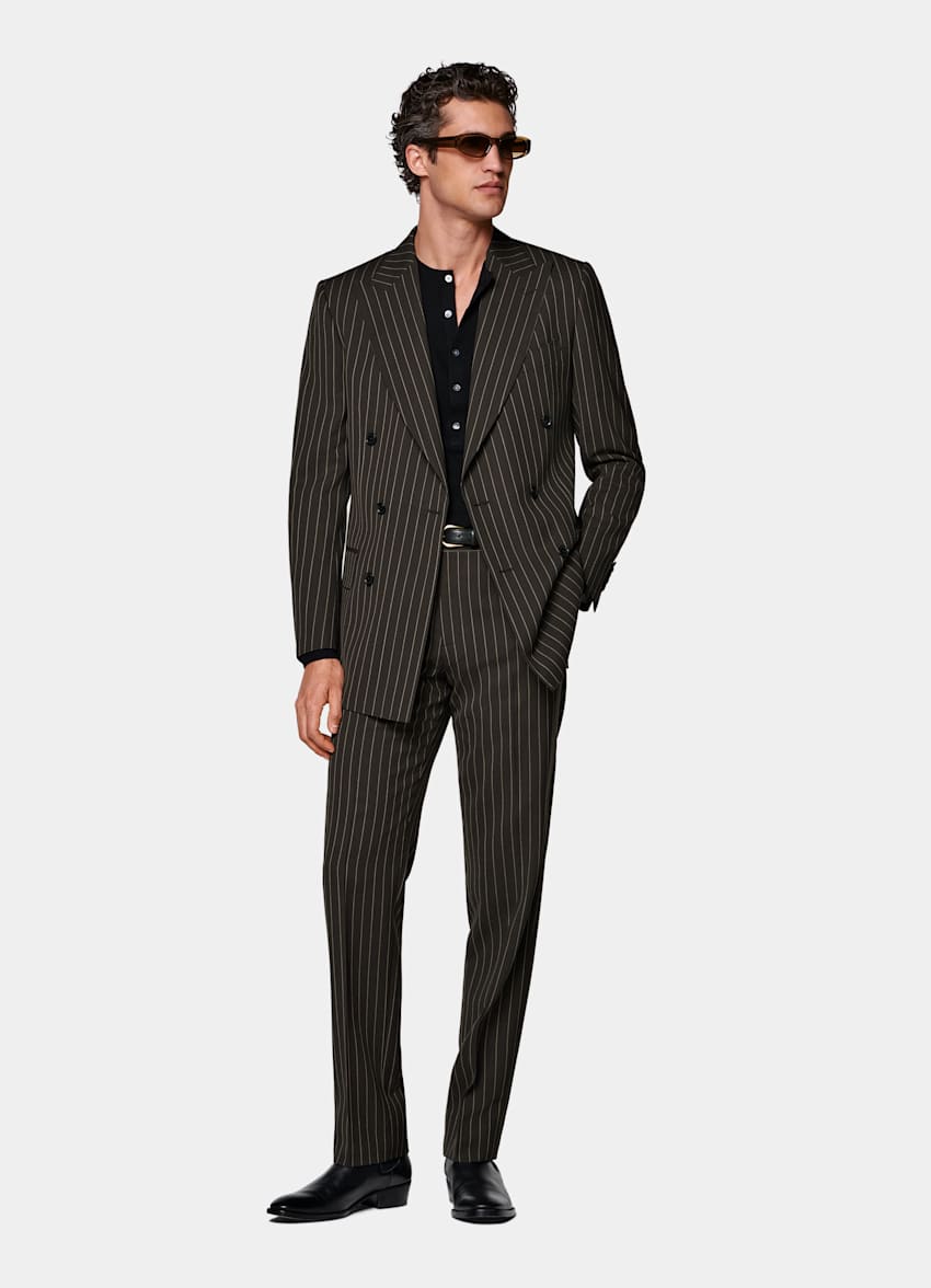 Dark Green Striped Tailored Fit Milano Suit
